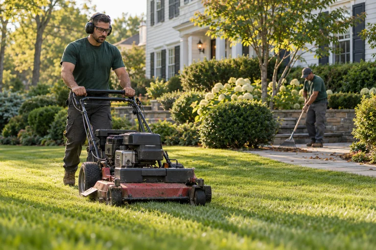 Illustration of a landscaping crew tending a residential property